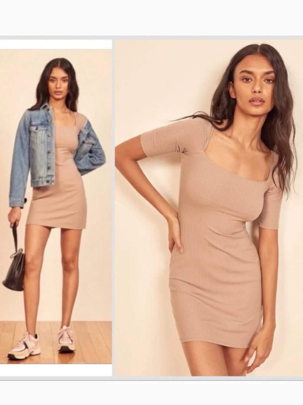 Reformation Sarita Ribbed Square Neck Cap Sleeve Mini Dress in Sand Size S